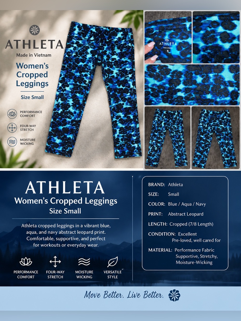 Athleta Blue Abstract Leopard Print Cropped Leggings Women’s Small